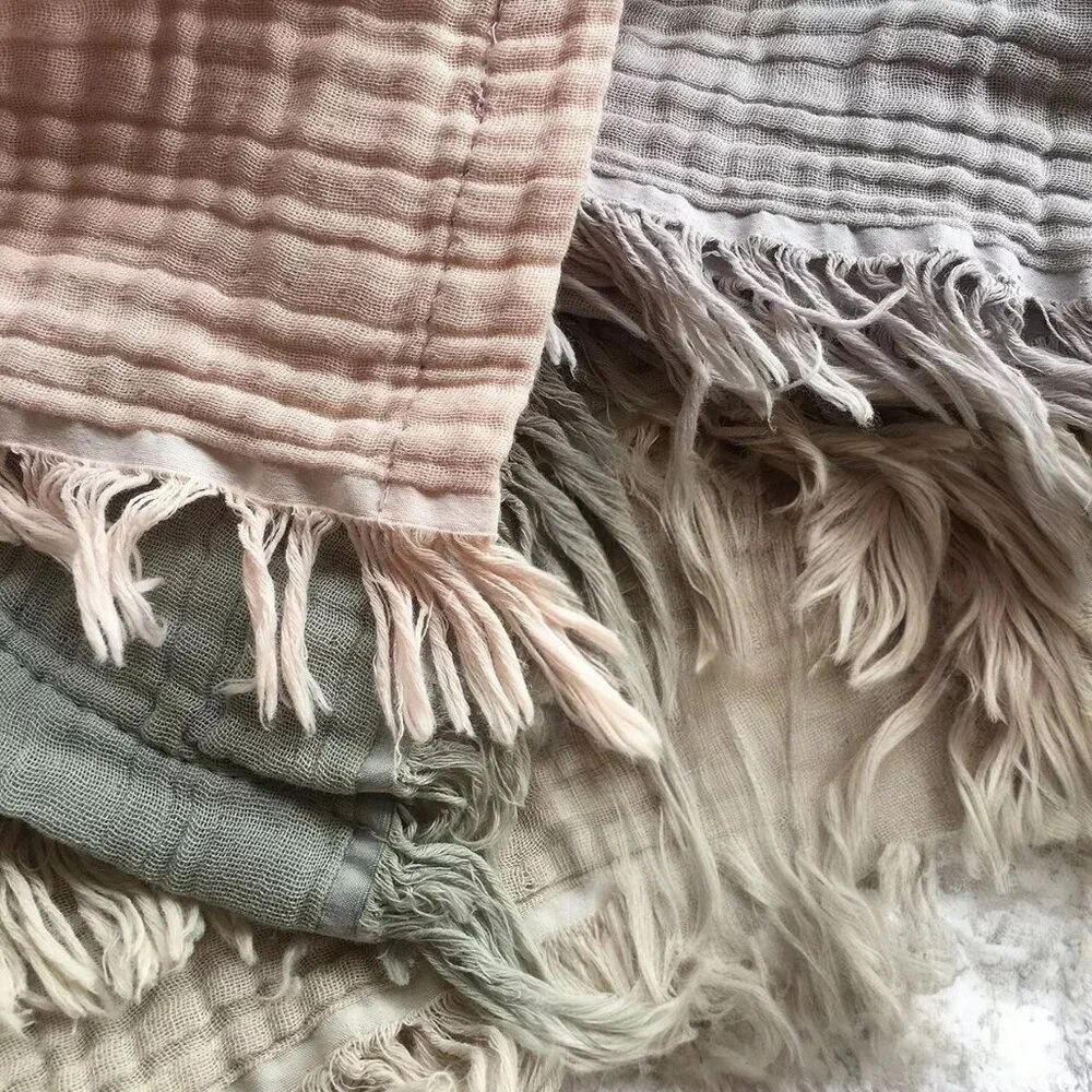 NEW West Elm Boho Beige Tassel Waffle Knit Muslin Gauze Throw Blanket 55